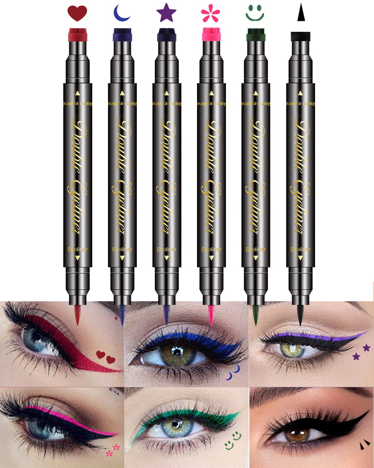6Pcs Double-head Liquid Stamp Eyeliner, Colored 6 in 1 Stars Flowers Hearts Moon Smiley Face Triangle Stamps Makeup Stamp Set, Waterproof Slim Gel Felt Tip Liquid Eyeliner Colorful Set Wingliner Shapes