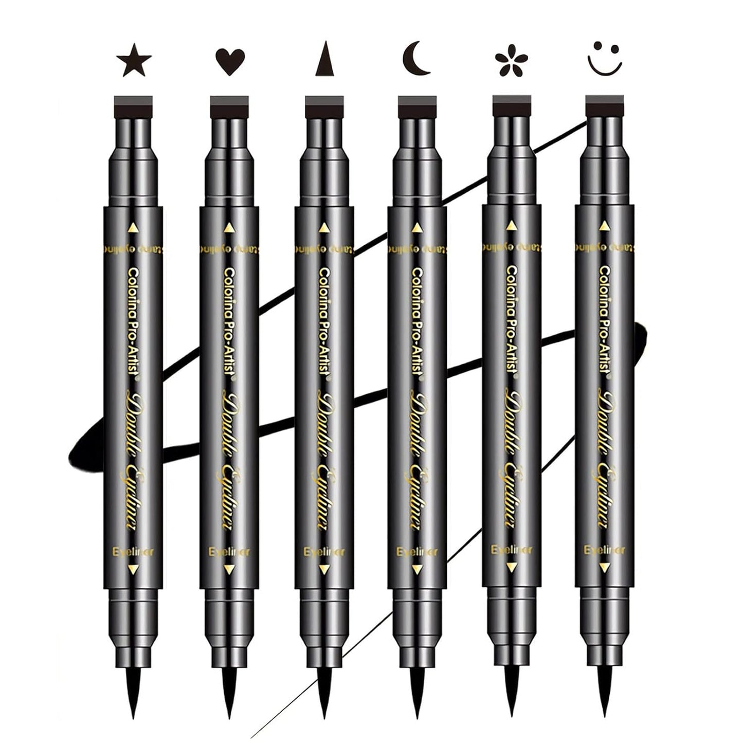 6 Pcs Double-headed Eyeliner Stamps Set Black Liquid Eye Liner Pen With Star,Moon,Heart,Flower,Smiley,Triangle Stamp Stencils Shapes for Women Makeup Kit Long-Lasting Waterproof Smudgeproof