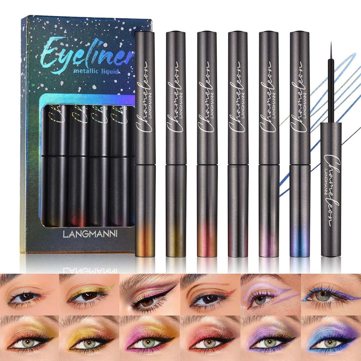 6 Colors Sunset Glitter Liquid Eyeliner Set, 6pcs Metallic Finish Eye Shadow, Quick Drying Waterproof High Pigmented Colorful Eye Makeup for Daily Makeup, Cosplay, Masquerade Party
