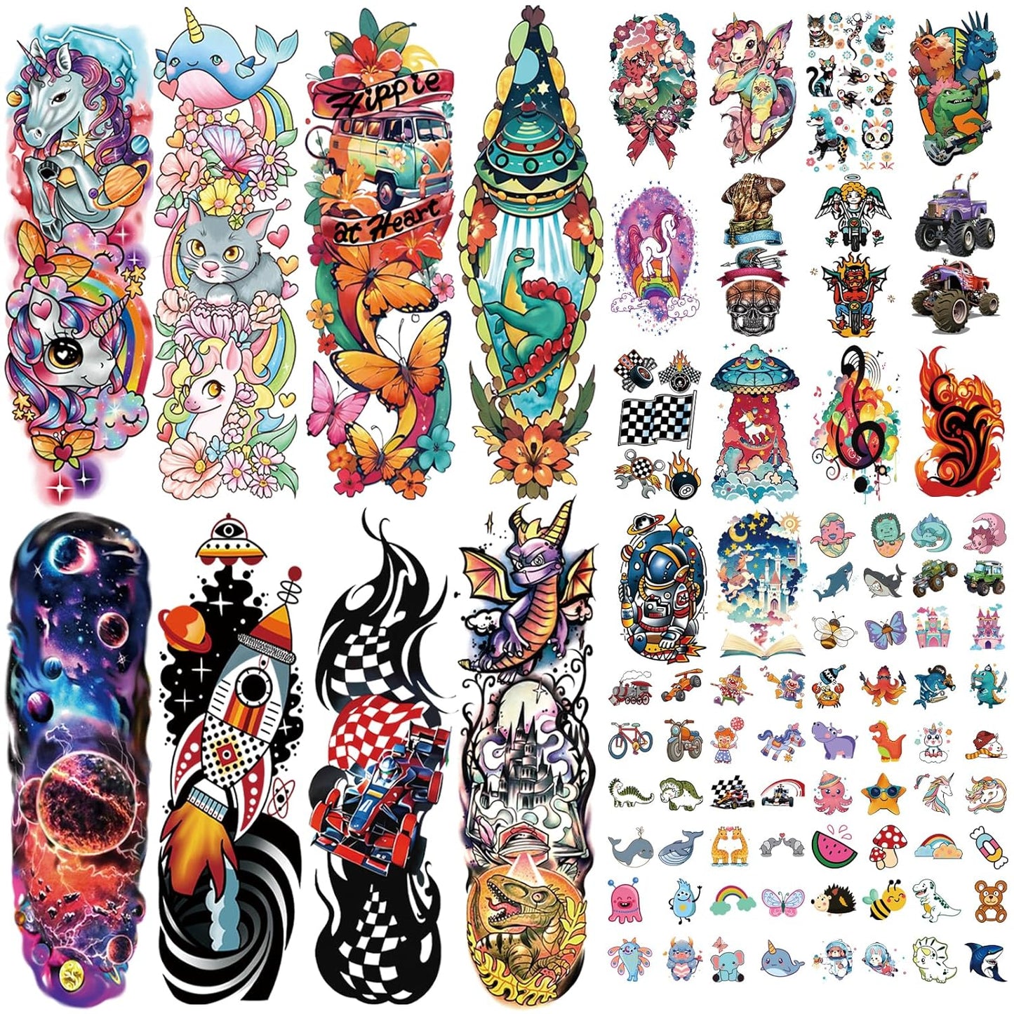 52 Pcs Temporary Tattoo for Kids Full Arm Unicorn Butterfly Cat Truck Dinosaur Rocket Cute Animal Body Face Fake Arm Tattoos for Girls Boys Tiny Tattoo Stickers Birthday Gifts Party Supplies