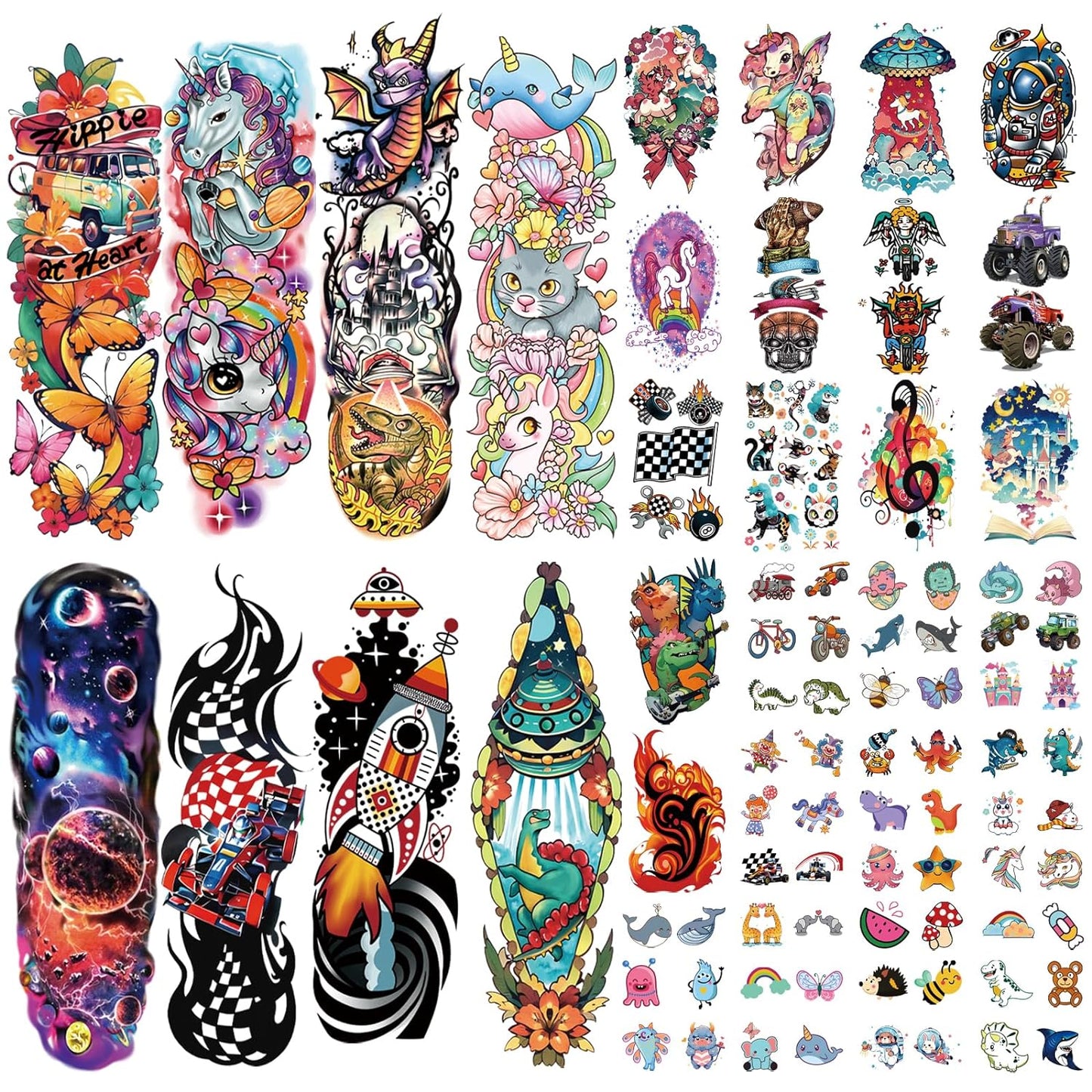 52 PCS Kids Full Arm Temporary Tattoo, Fake Tattoos for Kids, Rocket Car Dinosaur Planet Astronaut Tattoo for Boy, Unicorn Castle Cat Body Arm Tattoos Stickers for Girl, Party Supplies Gifts for Kids
