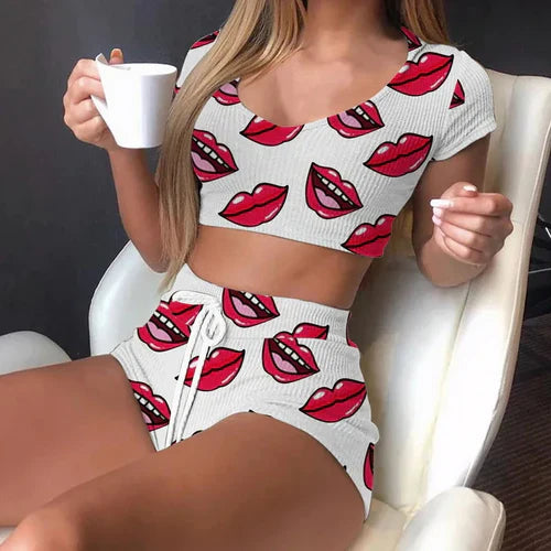 Summer Women 2 Piece Homewear Ladies Lingerie Pajamas Short Sleeve