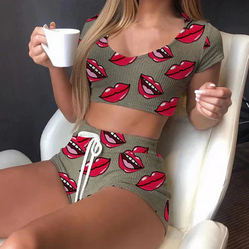 Summer Women 2 Piece Homewear Ladies Lingerie Pajamas Short Sleeve
