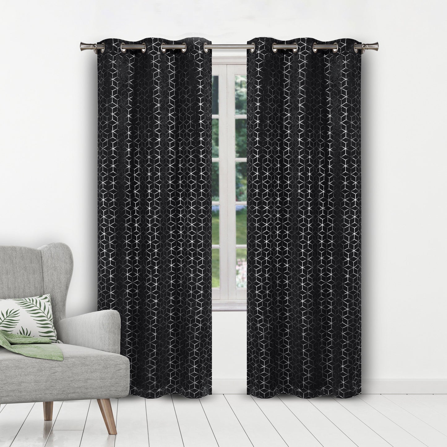 Set of 2: Geometric Print Blackout Grommet Curtain Pair Panel