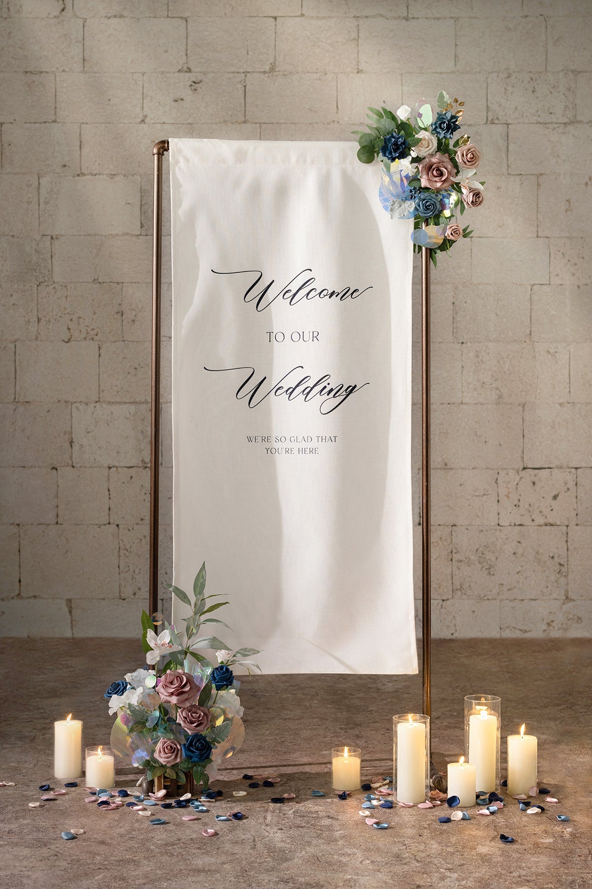 Sign Flower Swag & Free-Standing Flowers in Dusty Rose & Navy