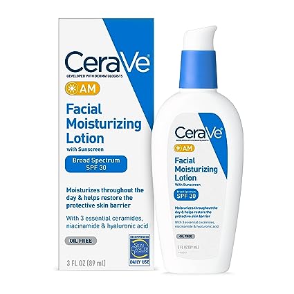 CeraVe AM Facial Moisturizing Lotion with SPF 30 | Oil-Free Face Moisturizer with SPF | Formulated with Hyaluronic Acid, Niacinamide & Ceramides | Non-Comedogenic | Broad Spectrum Sunscreen | 3 Ounce