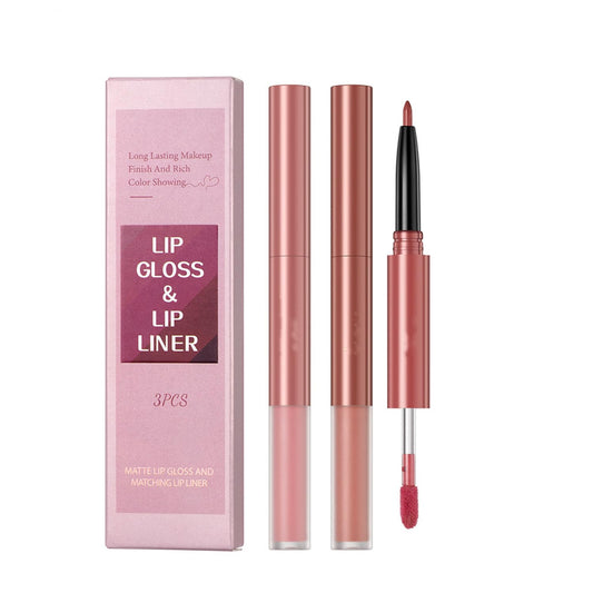 3PCS Matte Liquid Lipstick and Lip Liner Kit 2-IN-1 Pigmented Lip Gloss and Lip Liner Set Long-Lasting and Waterproof One Step Lips Makeup Kits (Set 01)