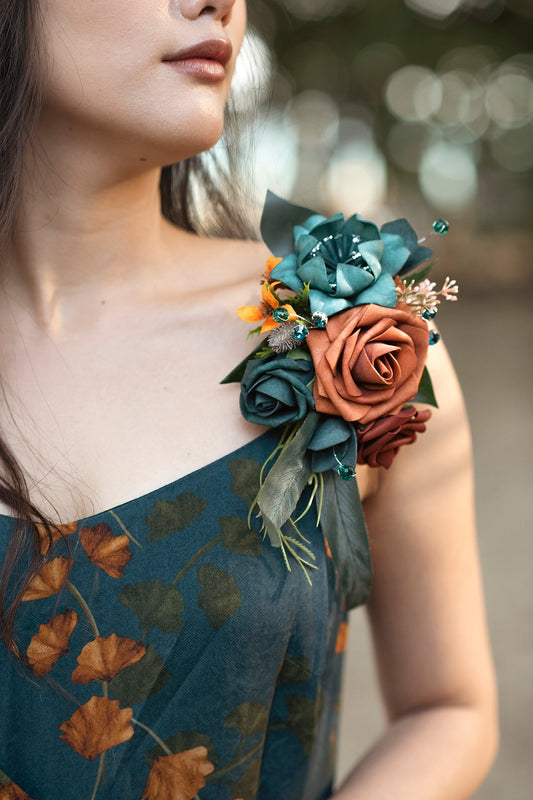 Shoulder Corsages in Dark Teal & Burnt Orange