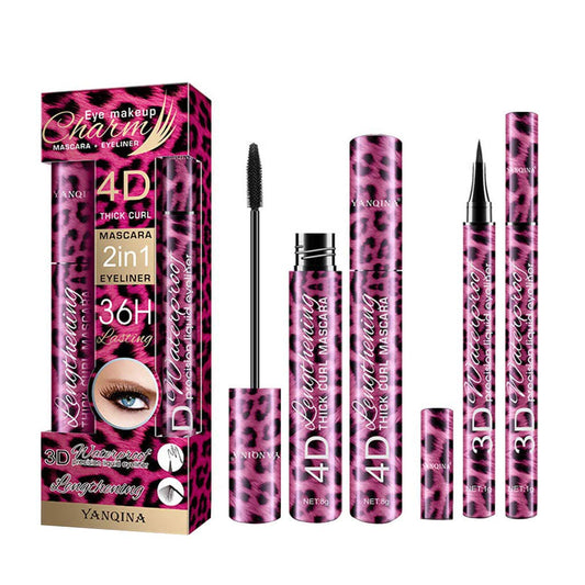 2PC Mascara Eyeliner Set Ladies Three-step Quick Eye Makeup Lasting Thick Long Mascara Black Curly Liquid Eyeliner Party Waterproof Lengthening Lash Mascara Wedding Lash Extender Makeup Beauty Set