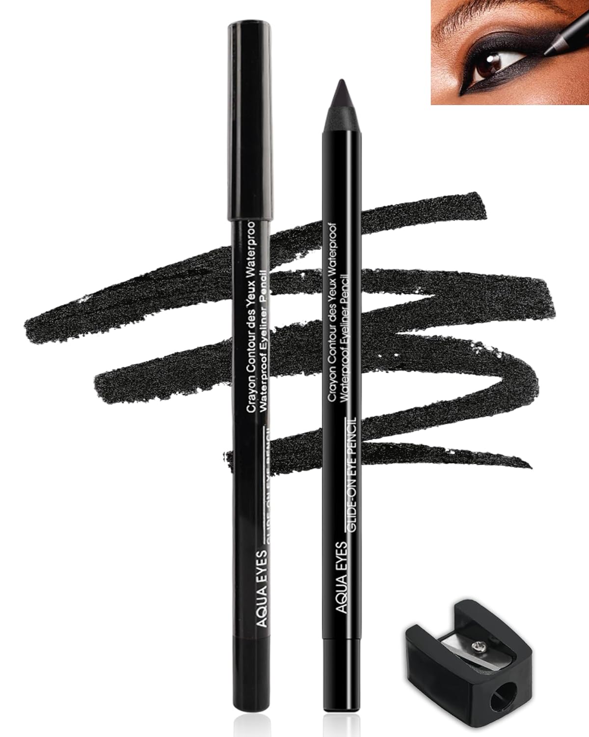 Black Gel Eyeliner-2 Pcs Black Waterproof Smudgeproof Matte Gel Eyeliner Pencil,Fade-Proof Eye Liner Pen Soft Smooth Easy-to-Sharpen Pencil for Women Cat Eye/Smoky Eye Makeup,with Sharpener