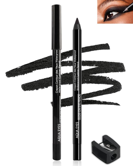 Black Gel Eyeliner-2 Pcs Black Waterproof Smudgeproof Matte Gel Eyeliner Pencil,Fade-Proof Eye Liner Pen Soft Smooth Easy-to-Sharpen Pencil for Women Cat Eye/Smoky Eye Makeup,with Sharpener