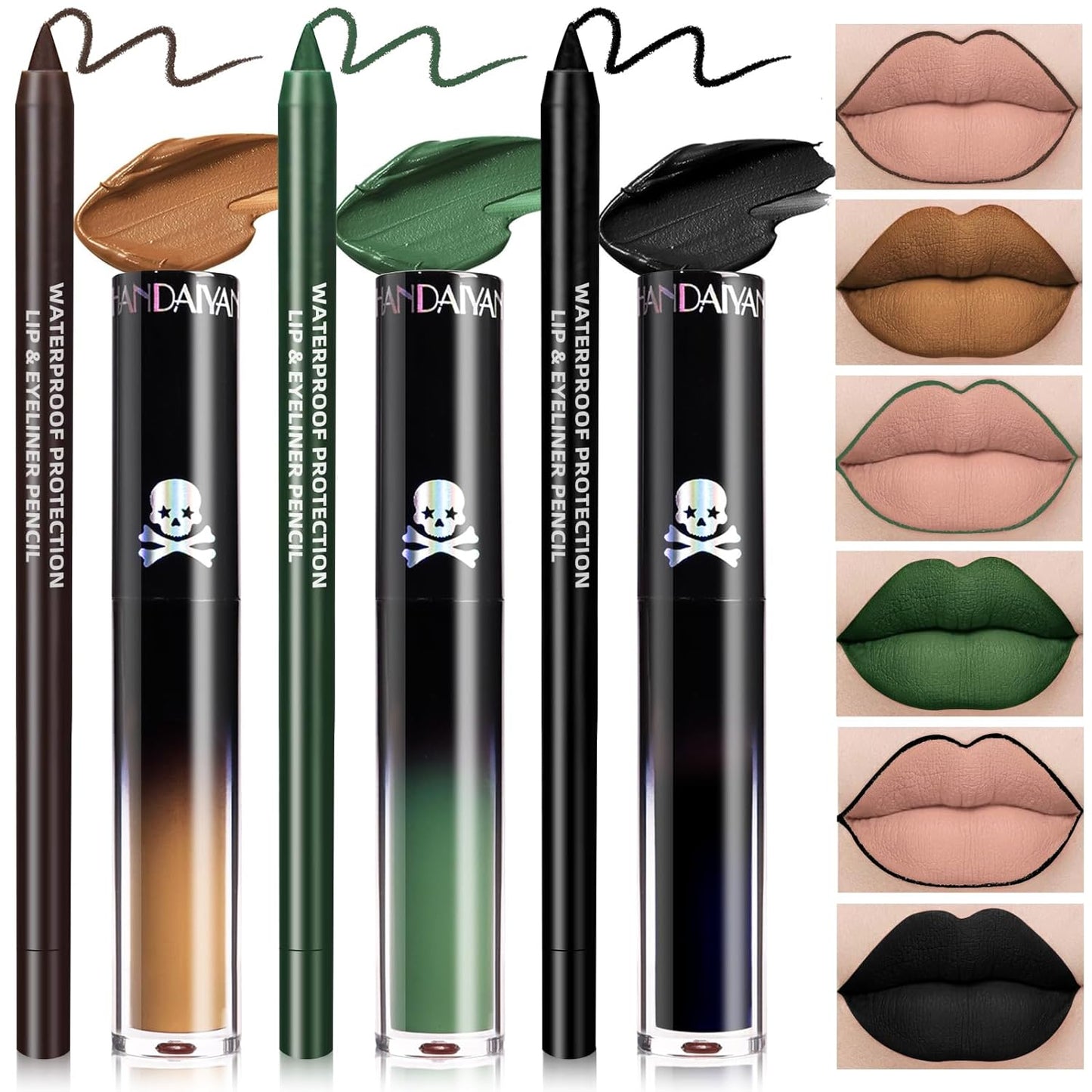 3 Colors Dark Black Green Brown Lipstick and Lip Liner Set, Goth Liquid Lipstick Lip Gloss Lipliner Waterproof Longlasting Matte Lip Stain Lip Gloss for Halloween Makeup Party Cosplay