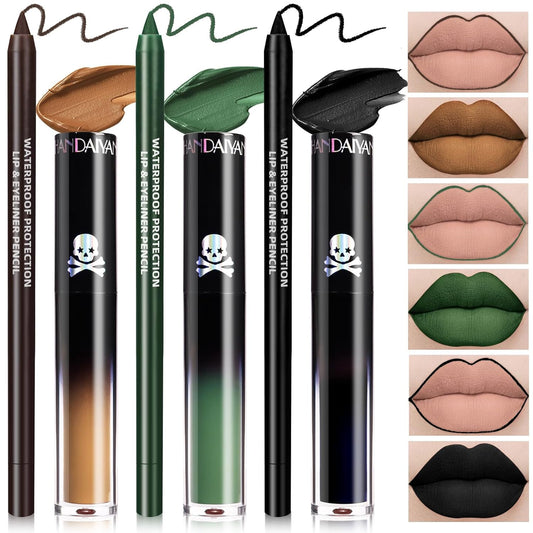 3 Colors Dark Black Green Brown Lipstick and Lip Liner Set, Goth Liquid Lipstick Lip Gloss Lipliner Waterproof Longlasting Matte Lip Stain Lip Gloss for Halloween Makeup Party Cosplay