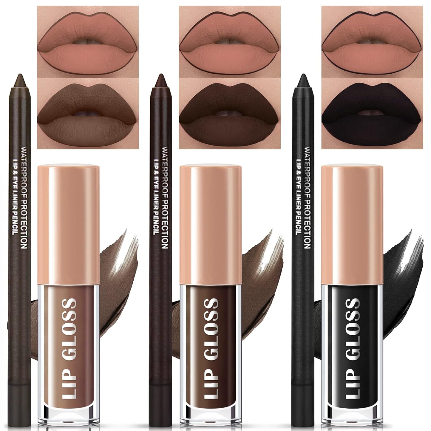 3 Colors Dark Black Lipstick and Lipliner,Matte Liquid Lipstick Set,Black Brown Lip Stain Lip Gloss and Lip Liner Waterproof Longlasting Lip Halloween Christmas Makeup(6 pcs)
