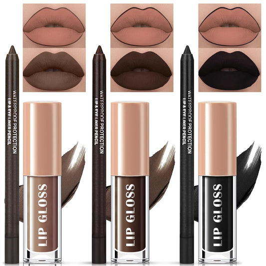 3 Colors Dark Black Lipstick and Lipliner,Matte Liquid Lipstick Set,Black Brown Lip Stain Lip Gloss and Lip Liner Waterproof Longlasting Lip Halloween Christmas Makeup(6 pcs)