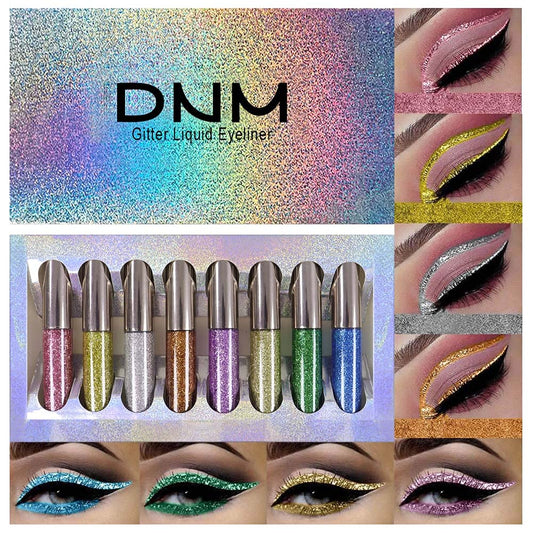 8 Colors Liquid Glitter Eyeliner Sets delineadores de colores para ojos DNM Silver Gold Blue Green Metallic Sparkly Colorful Glitter Gel Liquid Eyeliner Pen Pack Glitter Liquid Liner Glitters for Eyes