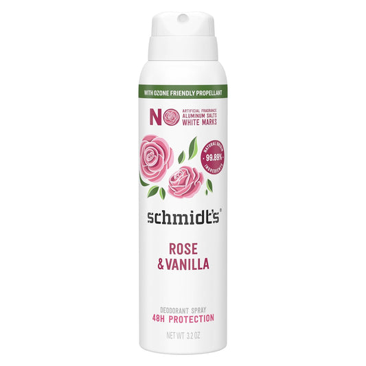Schmidt's Natural Deodorant Spray for Women and Men, Rose and Vanilla 48H Odor Protection, No Aluminum Salts, No White Marks, Cruelty Free, Vegan Deodorant 3.2 oz