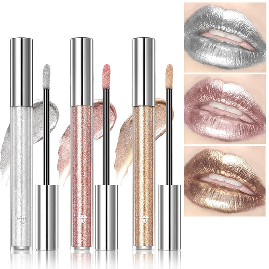 3 Colors Metallic All Glitter Liquid Lipstick Set Chameleon Lip Gloss Tint Stain Waterproof Diamond Shimmer Shinning Sparkly Face Eye Glow Moisturizing High Glow Christmas Party Makeup Gift