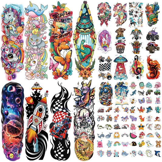 52 Pcs Temporary Tattoo for Kids Full Arm Unicorn Butterfly Cat Truck Dinosaur Rocket Cute Animal Body Face Fake Arm Tattoos for Girls Boys Tiny Tattoo Stickers Birthday Gifts Party Supplies