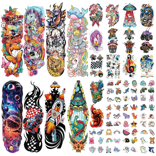 52 PCS Kids Full Arm Temporary Tattoo, Fake Tattoos for Kids, Rocket Car Dinosaur Planet Astronaut Tattoo for Boy, Unicorn Castle Cat Body Arm Tattoos Stickers for Girl, Party Supplies Gifts for Kids