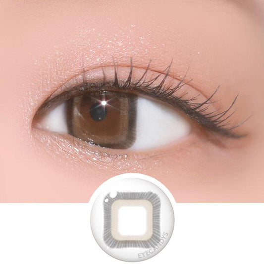 Macro shot of an eye wearing the DooNoon Nemo Square shape Brown prescription colour contact lens, showing the multi-colored detail and natural effect on dark brown eyes, with clean eye makeup. At the bottom is the pattern of the colored lens design, showing the dotted detail and pigmentation.